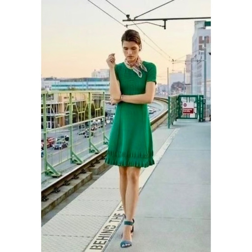 Anthropologie MAEVE Promenade Pointelle Knit Dress Solid Green‎ Flirty X-Small